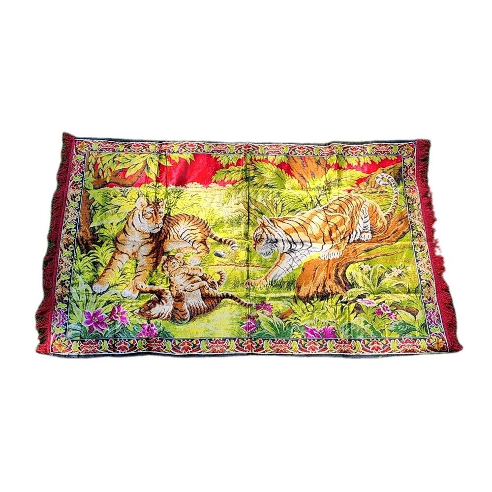 Extra Large 68” X 46” Vtg Velvet Tiger tapestry/rug Antique 1920-1949 Red Tassel